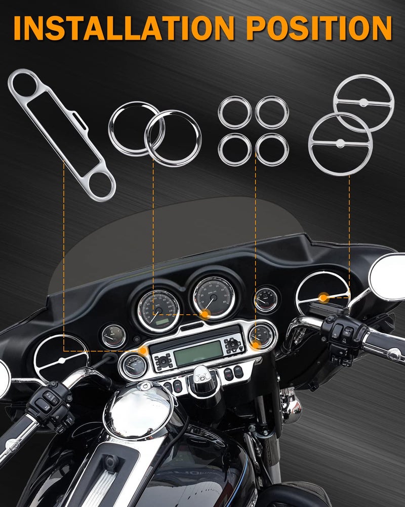 PBYMT 9 Pcs Stereo Accent Speedometer Speaker Trim Circle Covers Compatible with Harley Touring Electra Street Glide Trike Models 1996-2013 - Image 3